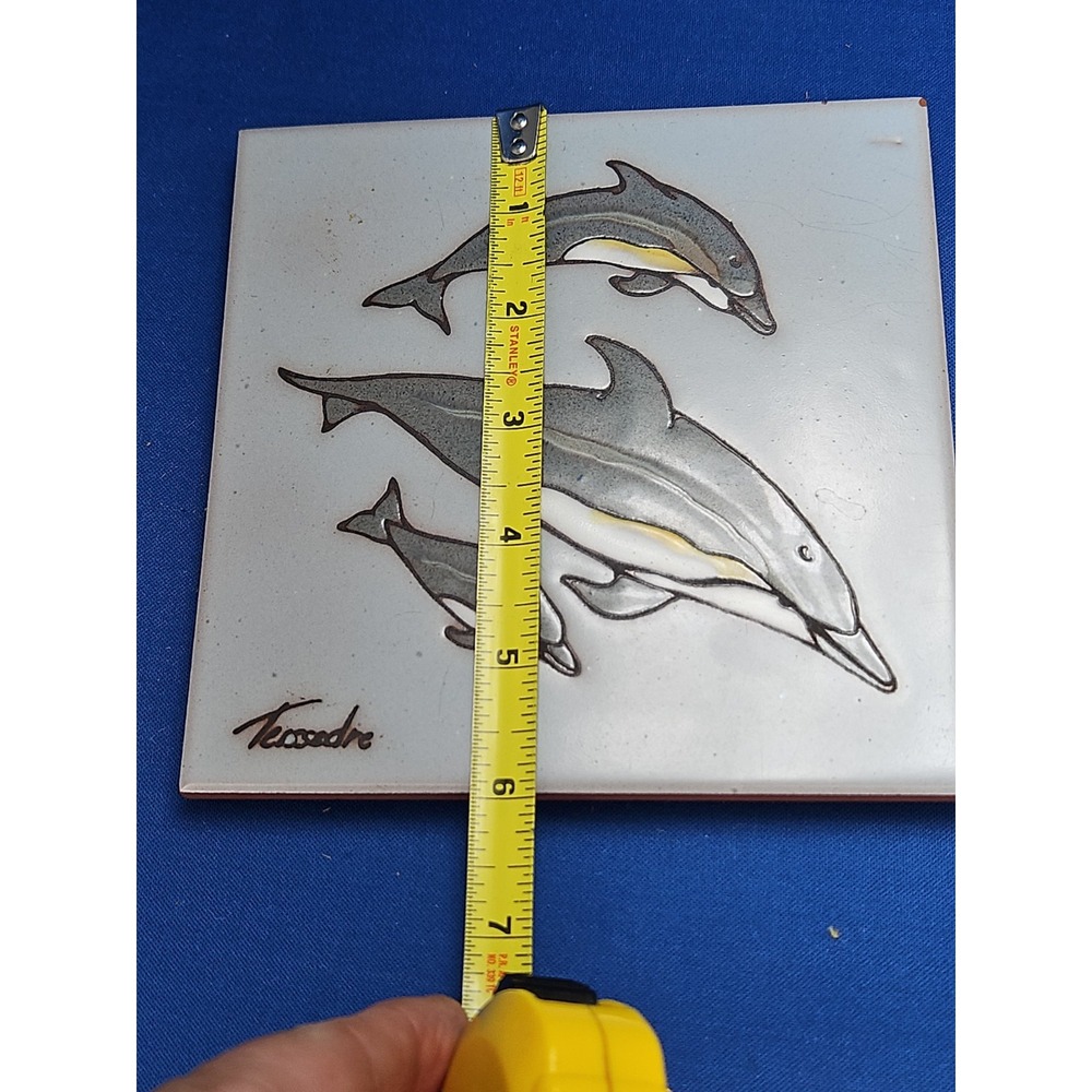 Cleo Teissedre Art Tile Trivet Coaster ORCA WHALE DOLPHINS 1983 Wall Plaque 6x6 - Picture 10 of 11